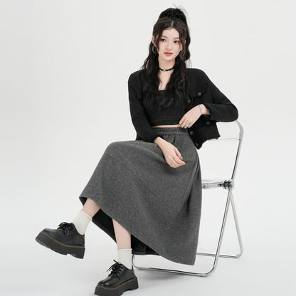 Elastic Waist Plain Midi A-Line Skirt