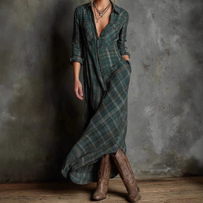 Long Sleeve Collared Plaid Maxi A-Line Shirt Dress
