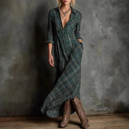 Long Sleeve Collared Plaid Maxi A-Line Shirt Dress