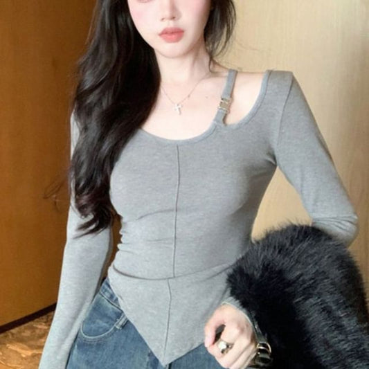 Asymmetric Solid T-Shirt with Long Sleeves
