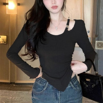 Asymmetric Solid T-Shirt with Long Sleeves