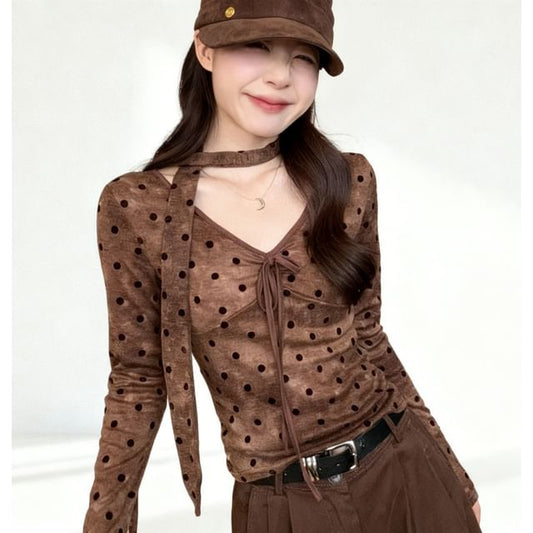 Polka Dot V-Neck Tie-Front Slim Top