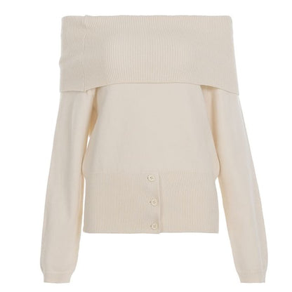 Off-Shoulder Button Hem Solid Knit Top