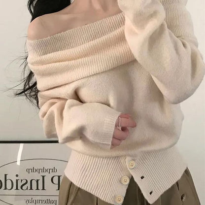 Off-Shoulder Button Hem Solid Knit Top