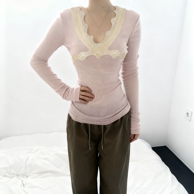 Lace-Trim V-Neck Long-Sleeve Top