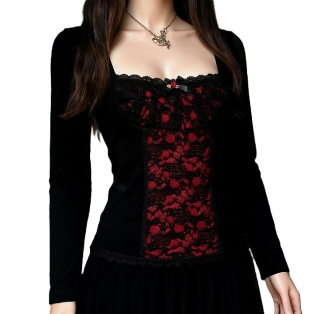 Square-Neck Lace Long-Sleeve Top