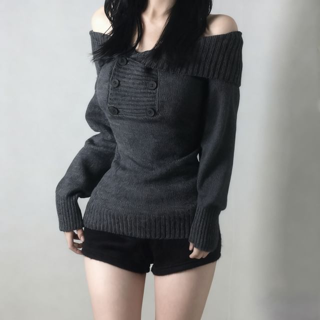 Off-Shoulder Slim Knit Sweater in Solid Shade