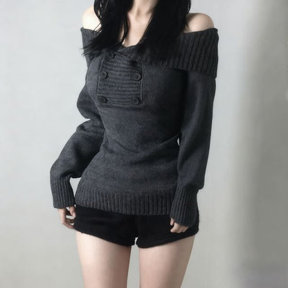 Off-Shoulder Slim Knit Sweater in Solid Shade