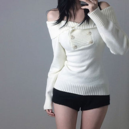 Off-Shoulder Slim Knit Sweater in Solid Shade
