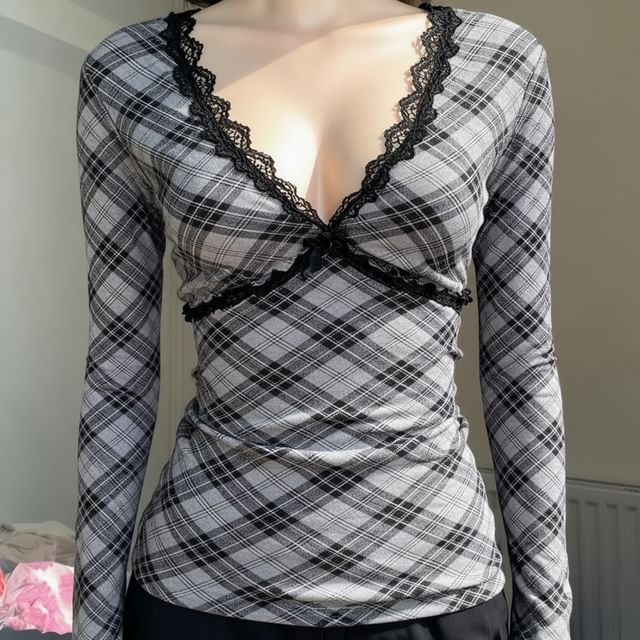 Plaid V-Neck Top with Lace Accent and Slim Fit