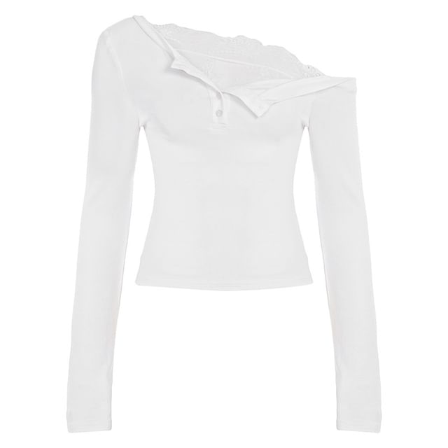Slim Off-Shoulder Lace-Trim Crop Top with Long Sleeves