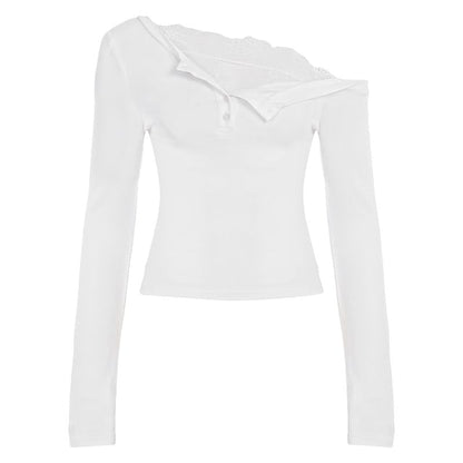 Slim Off-Shoulder Lace-Trim Crop Top with Long Sleeves