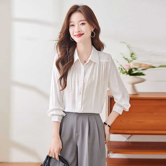 Collared Ruched Satin Shirt with Long Sleeves