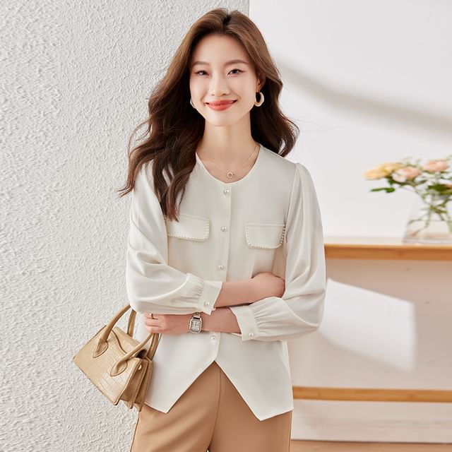 Crewneck Satin Shirt with Pearl Embellishments