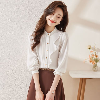 Stand Collar Satin Blouse with Ruffle Trim