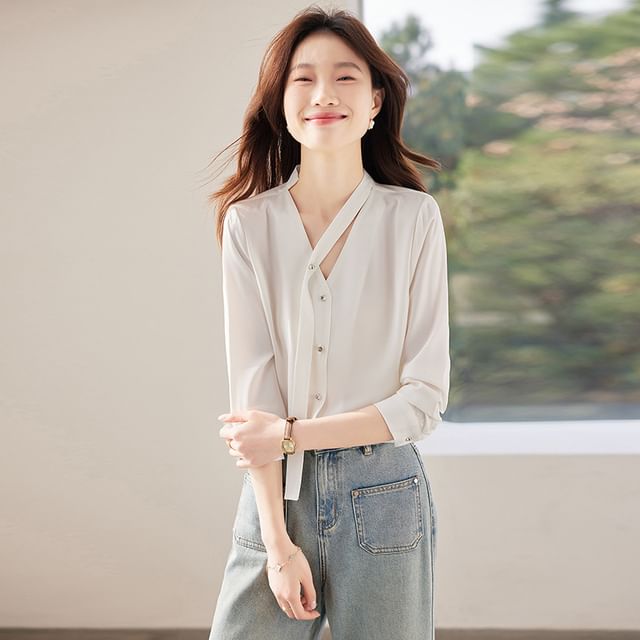 V-Neck Satin Button-Front Top with Extended Sleeves
