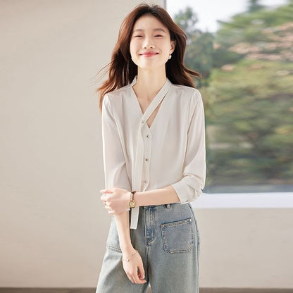 V-Neck Satin Button-Front Top with Extended Sleeves