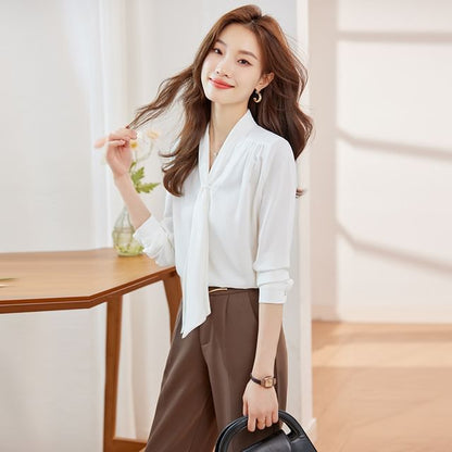Scarf-Collar Satin Top with Extended Sleeves