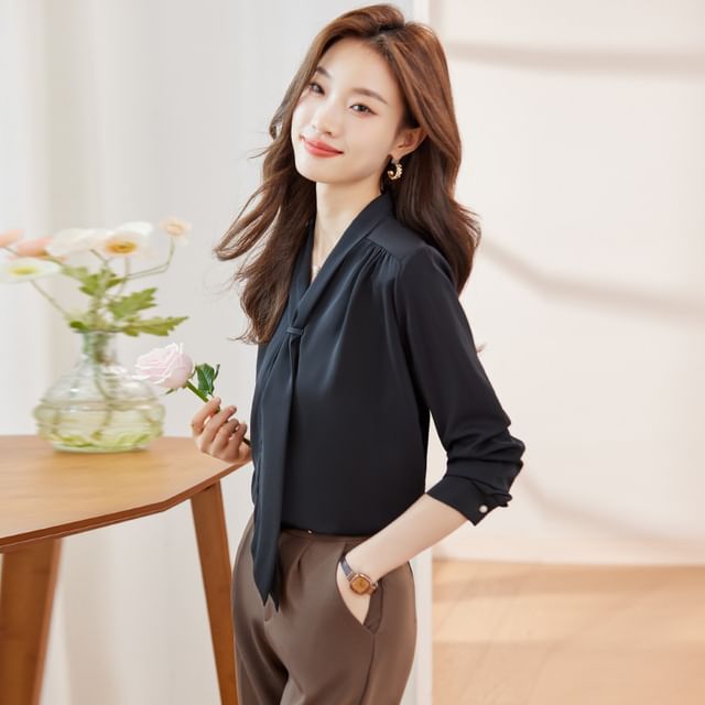Scarf-Collar Satin Top with Extended Sleeves