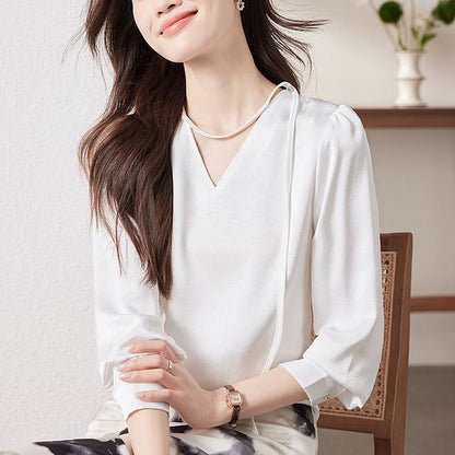 Elegant Long-Sleeve V-Neck Satin Shirt