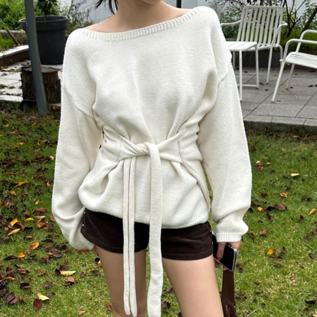 Asymmetric One-Shoulder Knit Sweater with Waist Tie