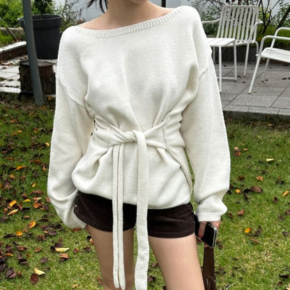 Asymmetric One-Shoulder Knit Sweater with Waist Tie