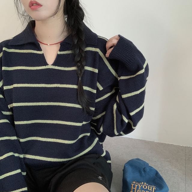 Striped V-Neck Sweater with Collar