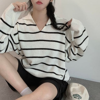 Striped V-Neck Sweater with Collar