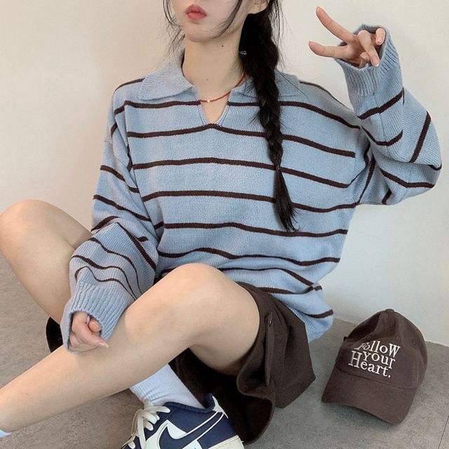 Striped V-Neck Sweater with Collar