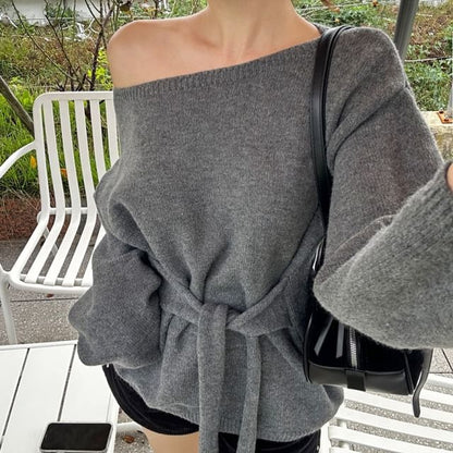 Asymmetric One-Shoulder Knit Sweater with Waist Tie