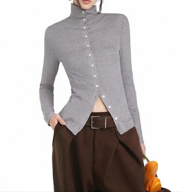 Elegant Long-Sleeve High-Collar Buttoned Blouse