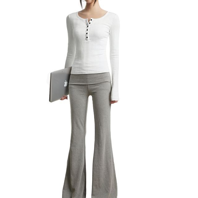 Henley-Style Ribbed Top with Long Sleeves