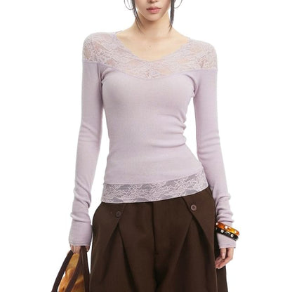 V-Neck Lace-Panel Top with Extended Sleeves