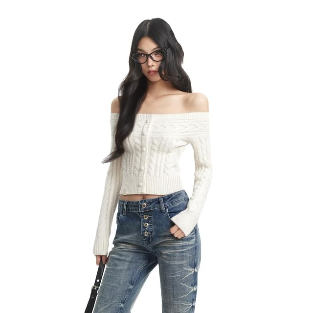 Off-Shoulder Knit Cable Sweater with Buttons