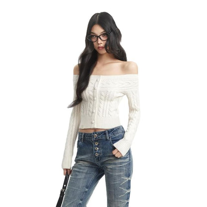 Off-Shoulder Knit Cable Sweater with Buttons