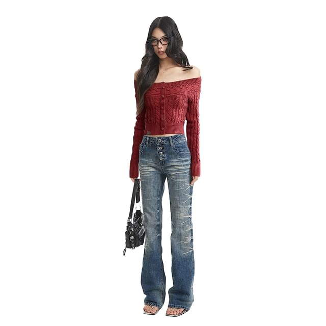 Off-Shoulder Knit Cable Sweater with Buttons