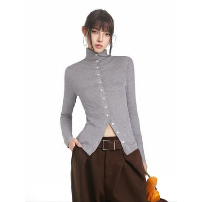 Elegant Long-Sleeve High-Collar Buttoned Blouse