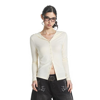 Elegant Long-Sleeve High-Collar Buttoned Blouse