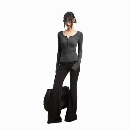 Henley-Style Ribbed Top with Long Sleeves