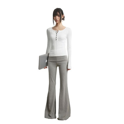 Henley-Style Ribbed Top with Long Sleeves