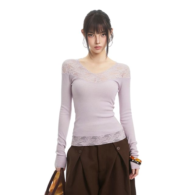 V-Neck Lace-Panel Top with Extended Sleeves