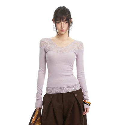 V-Neck Lace-Panel Top with Extended Sleeves