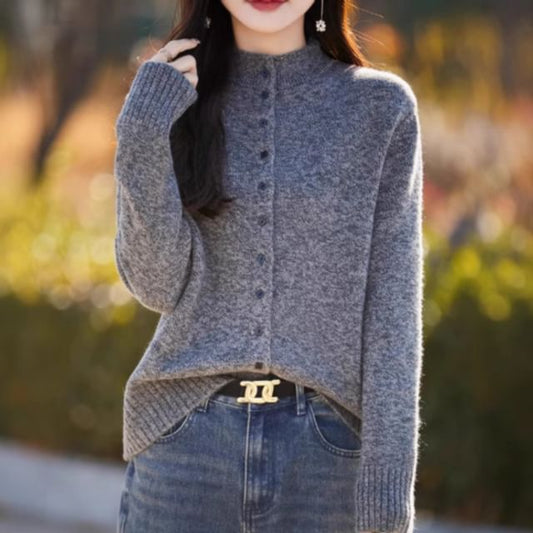 Mock Neck Plain Button Up Cardigan