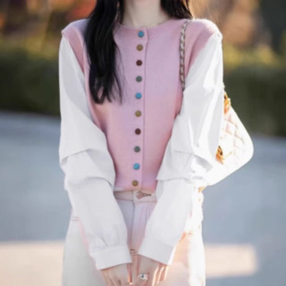 Round Neck Mock Two Piece Button Up Cardigan