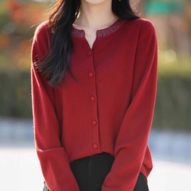 Round Neck Plain Button Up Cardigan