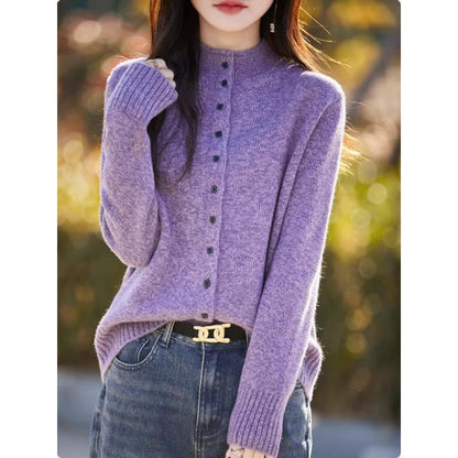 Mock Neck Plain Button Up Cardigan