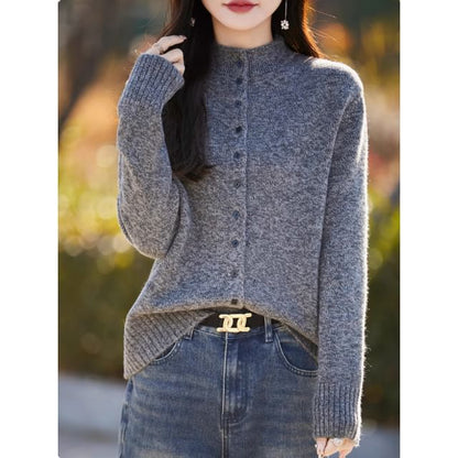 Mock Neck Plain Button Up Cardigan