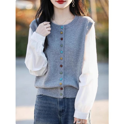 Round Neck Mock Two Piece Button Up Cardigan