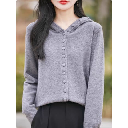 Hooded Plain Button Up Cardigan