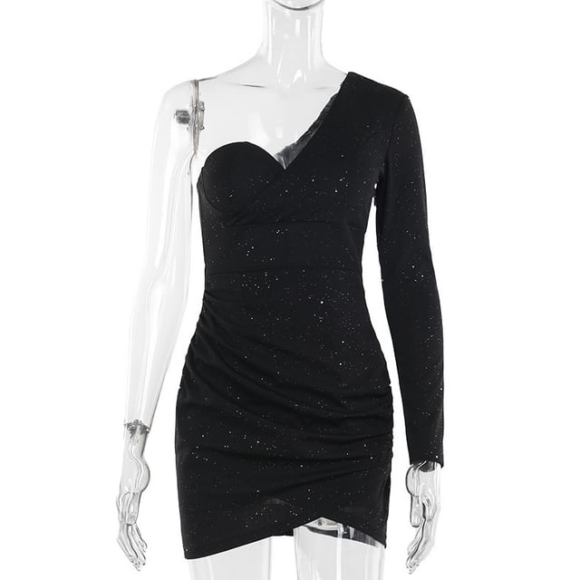 Long Sleeve One Shoulder Plain Glitter Ruched Mini Sheath Cocktail Dress